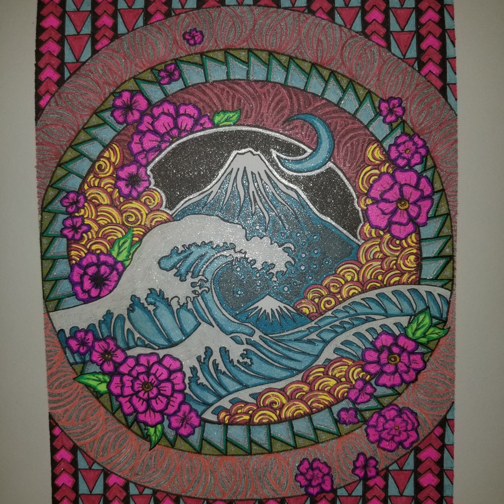Vibrant Floral and Wave Glitter Art